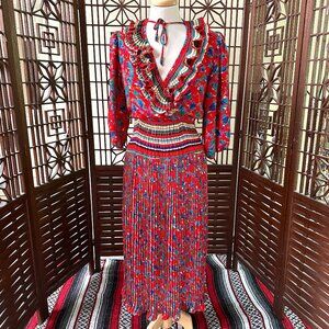 Vintage Assorti Susan Freis Ruffle Neck Red Floral Pleated Midi Dress Size XS